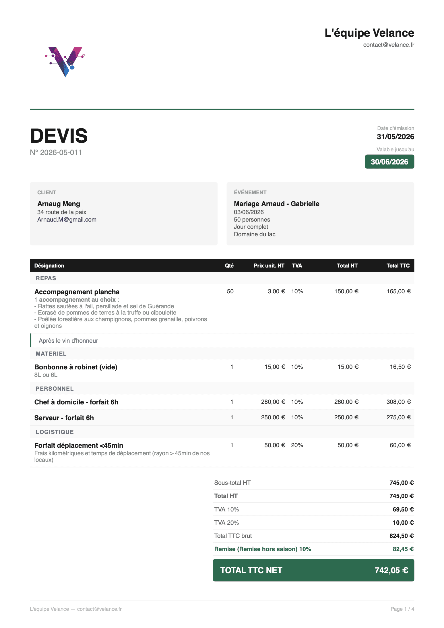 Devis PDF généré : en-tête personnalisé Velance, multi-jours, sous-totaux par jour, TVA multi-taux, total TTC mis en avant