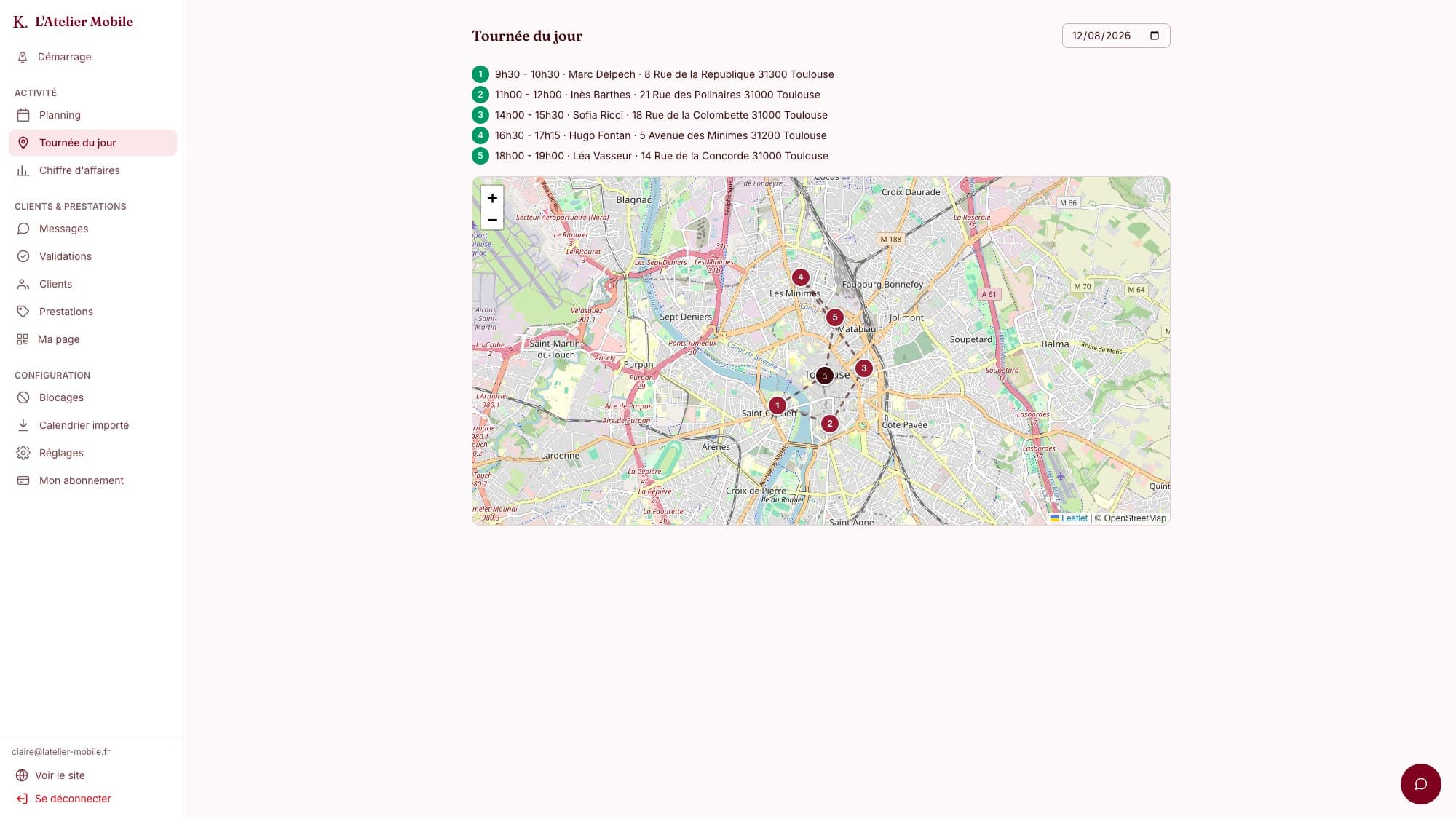 Écran Tournée du jour dans Kairo : les rendez-vous numérotés posés sur la carte de Toulouse, reliés par l'itinéraire réel