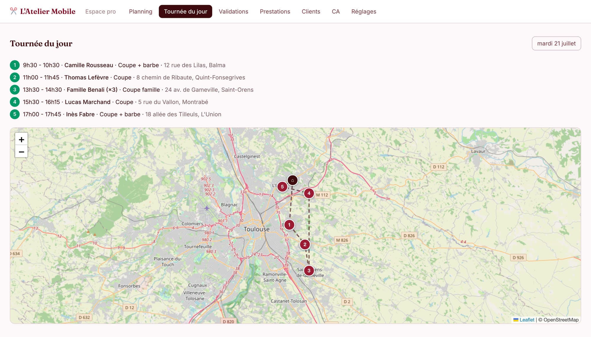Carte des tournées SmartRDV : les 5 rendez-vous du jour numérotés sur une carte autour de Toulouse, avec l'itinéraire reliant chaque adresse client