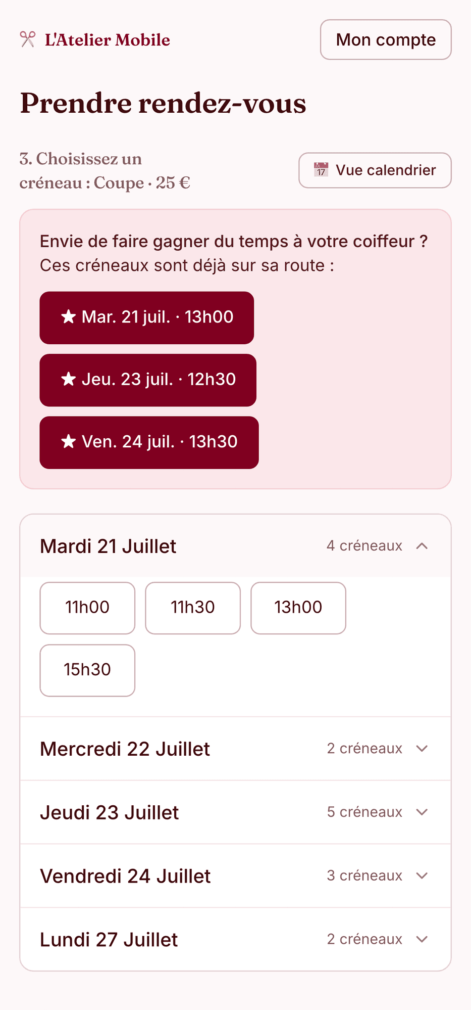 Réservation en ligne SmartRDV sur mobile : choix d'un créneau pour une coupe, avec les créneaux conseillés déjà sur la route du coiffeur mis en avant